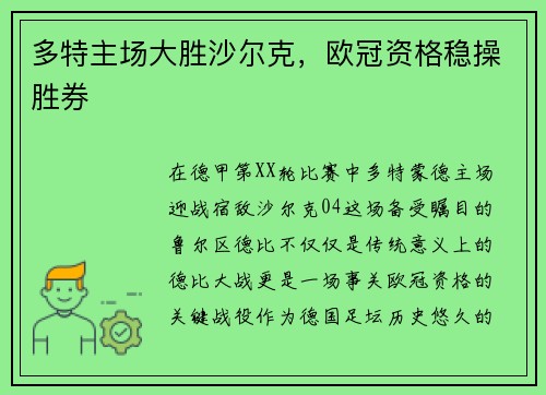 多特主场大胜沙尔克，欧冠资格稳操胜券