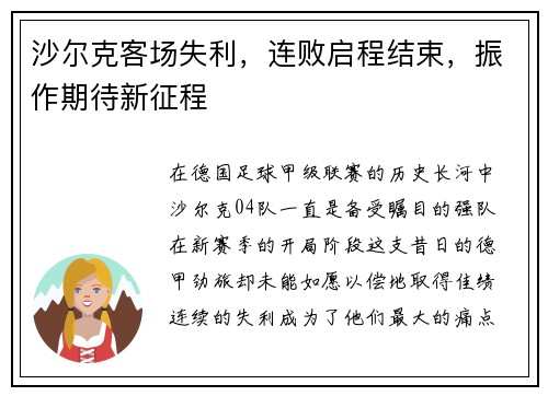 沙尔克客场失利，连败启程结束，振作期待新征程