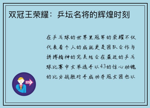 双冠王荣耀：乒坛名将的辉煌时刻