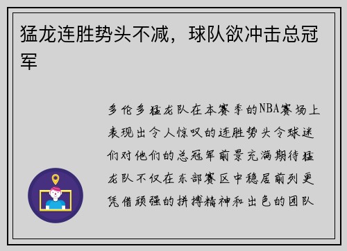 猛龙连胜势头不减，球队欲冲击总冠军