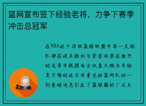 篮网宣布签下经验老将，力争下赛季冲击总冠军