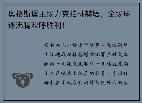 奥格斯堡主场力克柏林赫塔，全场球迷沸腾欢呼胜利！