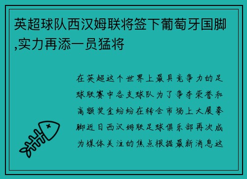 英超球队西汉姆联将签下葡萄牙国脚,实力再添一员猛将