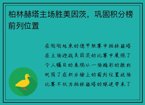 柏林赫塔主场胜美因茨，巩固积分榜前列位置