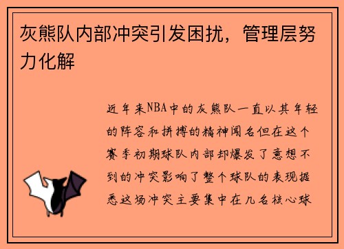 灰熊队内部冲突引发困扰，管理层努力化解