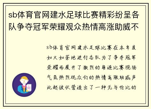sb体育官网建水足球比赛精彩纷呈各队争夺冠军荣耀观众热情高涨助威不断