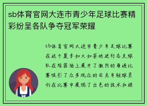 sb体育官网大连市青少年足球比赛精彩纷呈各队争夺冠军荣耀