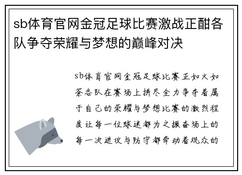 sb体育官网金冠足球比赛激战正酣各队争夺荣耀与梦想的巅峰对决