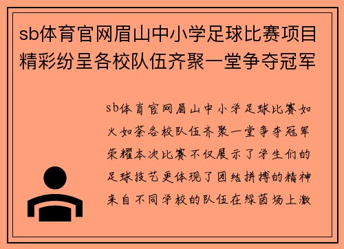 sb体育官网眉山中小学足球比赛项目精彩纷呈各校队伍齐聚一堂争夺冠军荣耀